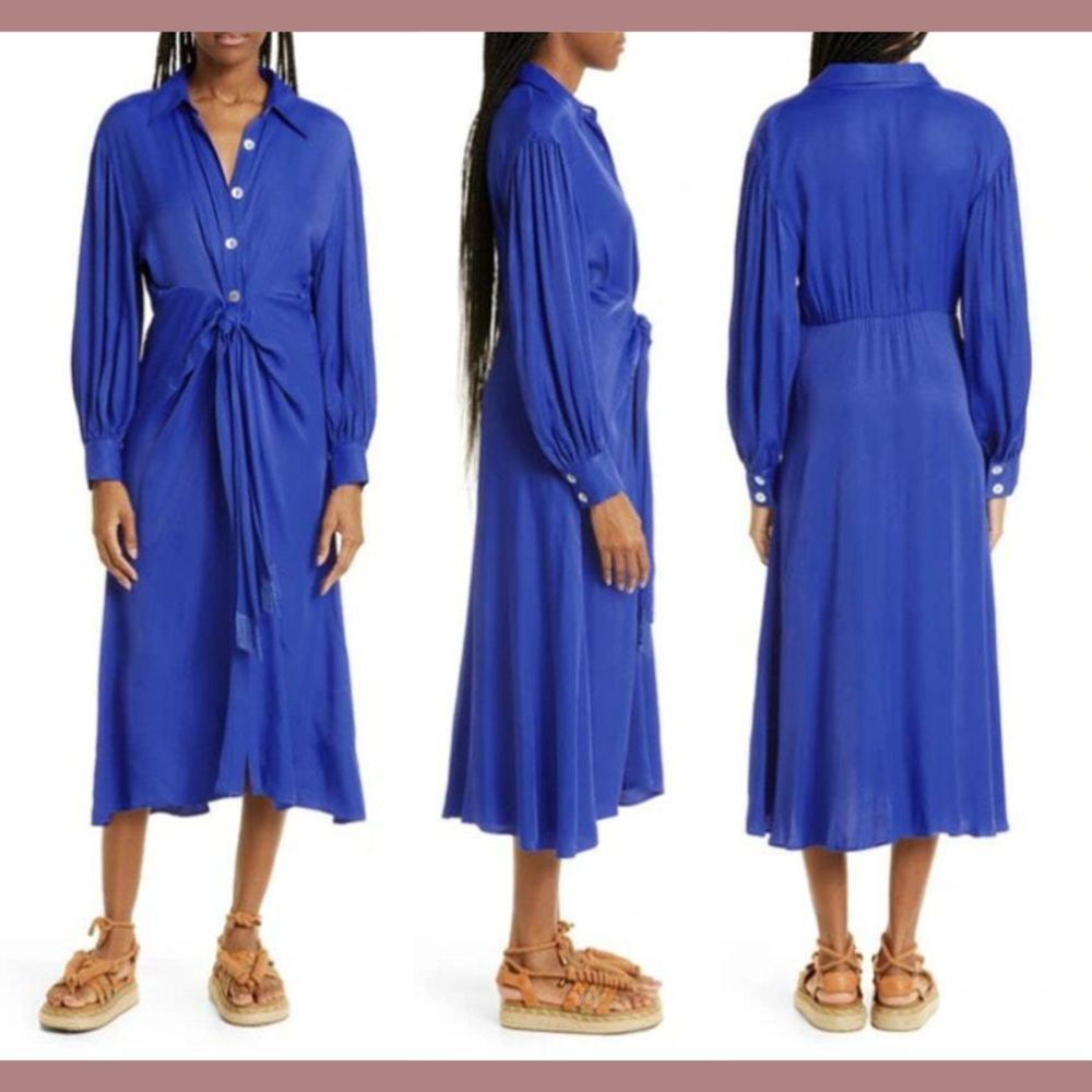 NEW Farm Rio [ Large ] Knotted Long Sleeve Midi Collar Dress‎ in Blue